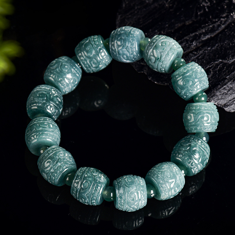 Bracelets - Natural Burmese Jadeite Carved Bead Bracelet