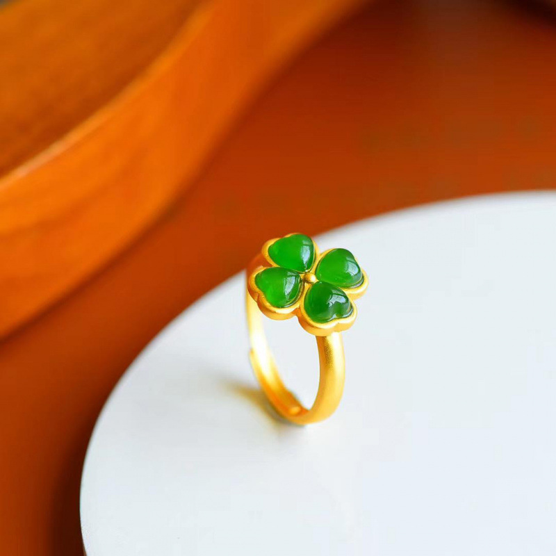 Rings - Natural Green Jade Four-Leaf Clover Ring